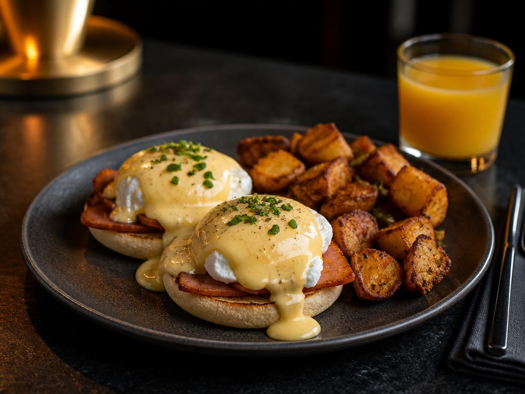 Eggs Benedict with hollandaise, breakfast potatoes and orange juice